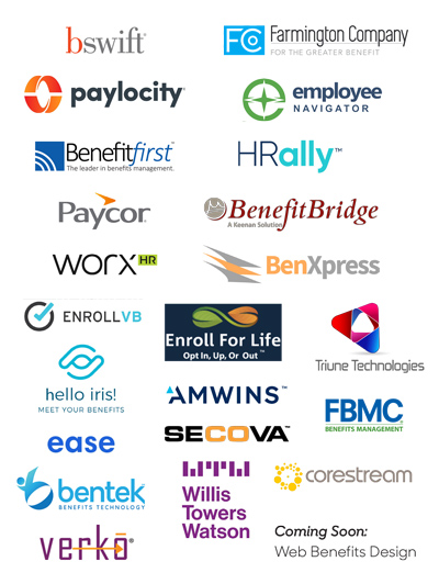 Logos of systems configured to work with Simplink: Paycor, bswift, benefitsconnect, enrollvb, verko, paylocity, Winston, hello iris!, Benefitfirst